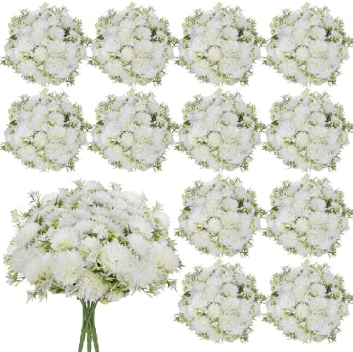 White Artificial Flowers 12 Bundles Silk Floral with Stems by TOBILU