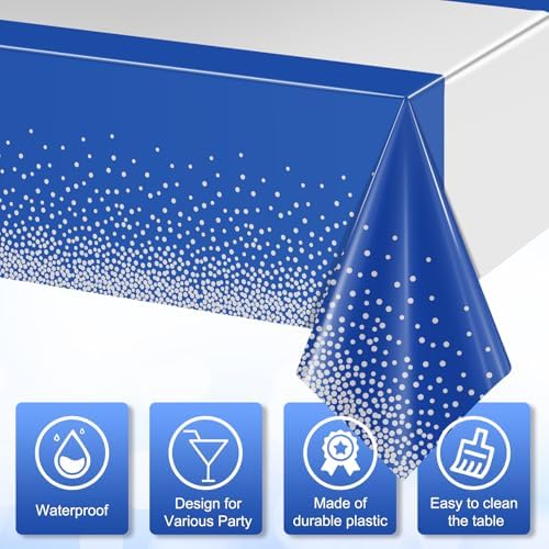 12Pcs Blue Silver Tablecloth Party Decorations,Plastic Royal Blue Table Cloth Printed Silver Table Runner Disposable Rectangle Tables Cover for Anniversary Wedding Graduation 2024 Party,54 x108 Inch - Image 4