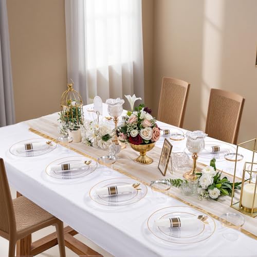 SUT 350 Pcs Gold and Clear Plastic Dinnerware Set for 50 Guests, Include: 50 Dinner Plates, 50 Dessert Plates, 50 Pre Rolled Napkins With Silverware, 50 Cups, Disposable Plates for Party, Wedding - Image 5