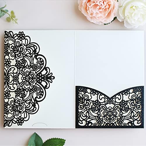 Hosmsua 5.12 x 7.2 50PCS Black Glitter Wedding Invitation Pocket with Envelopes, Laser Cut Lace Flora Invitation for Wedding Birthday Quinceanera Invite (No Inner Sheet) by Hosmsua