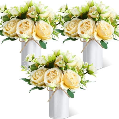 3 Sets Artificial Peonies Flower Peony Bouquet with Galvanized Metal Pot Silk Fake Peonies Faux Flower Arrangements for Wedding Table Centerpiece Party Home Room (Champagne) by Solsew