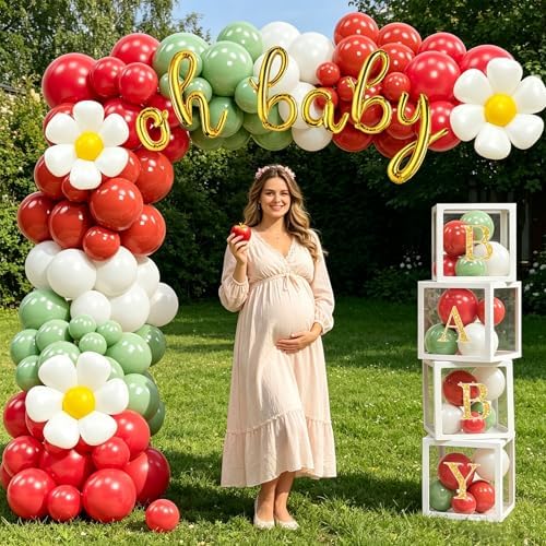 Costova Apple Baby Shower Decorations, Apple Of Our Eye Party Supplies with Balloon Boxes Red White & Green Balloons Apple Pattern Backdrop - Image 5