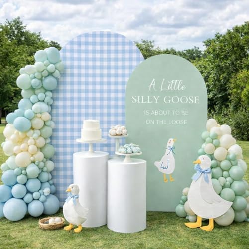 Set of 2 Arch Backdrop Covers One Silly Goose Baby Shower 2PCS Spandex Arch Stand Cover Plaids Girl Birthday Easter Party Banquets Decorations (6FT & 5FT,Blue) - Image 3
