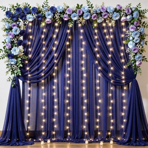 20x10FT Navy Blue Wrinkle Free Backdrop Curtains with Lights String for Parties - Photo Curtain Backdrop with Lights for Wedding Decorations, Bridal Baby Shower Birthday Party Photography Background by WishCare