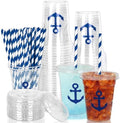 Whaline 50Pcs Nautical Disposable Plastic Cups with Lids and Straws 12 Oz Blue Anchor Cold Beverage Drinking Cups for Ocean Theme Birthday Party Supplies by Whaline