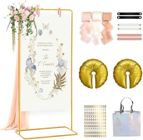 Wedding Welcome Sign Stand, Adjustable Gold Welcome to our Wedding Sign Holder Metal Easel with Design Bundle, Leather Hanging Straps, Water Bag and Ribbon by Wokuaile