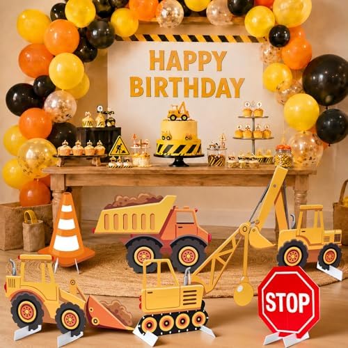 6 Pcs Large Construction Party Decorations, Truck Themed Cardboard Cutouts Standup, Excavator Traffic Cone Stop Yard Sign for Construction Birthday Baby Shower Indoor Outdoor Photo Prop by WelcometoLawnIdyll