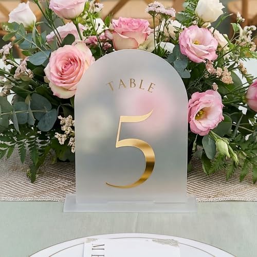 UNIQOOO Frosted Arch Wedding Table Numbers 1-15 w/Stands, Gold Foil Printed 5x7 Acrylic Display Signs &Holders, Pack of 15, Perfect for Centerpiece, Reception, Decoration, Party, Anniversary, Event - Image 6