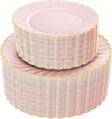 YOUBET 100PCS Pink and Gold Scalloped Plastic Plates for Wedding Party by YOUBET