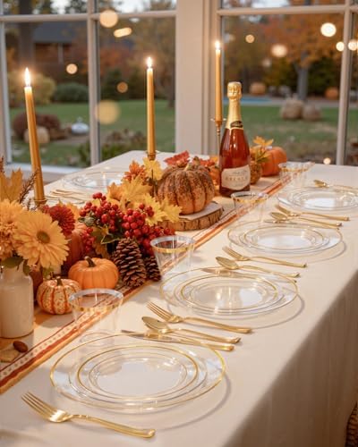 bUCLA 600PCS Clear Plates with Gold Trim - Clear Gold Dinnerware Set Disposable Include 100 Dinner/100 Dessert Plates, 100 Knives, 100 Forks, 100 Spoons, 100 Cups for Wedding, Party - Image 7
