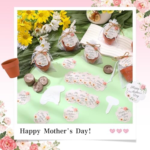 30 Sets Happy Mother's Day Appreciation Gifts Party Favors Mini Terracotta Flowerpot Planting Kit with Seedling Soil Blocks, Labels, Mother's Day Cards & Organza Bags for Mom Gardening Gift - Image 4