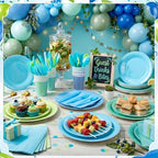 Mimorou 350 Pcs Green and Teal Plates Cups Napkins Utensils Blue - Image 2