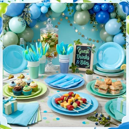Mimorou 350 Pcs Green and Teal Plates Cups Napkins Utensils Blue - Image 2