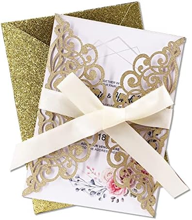 50Pcs Laser Cut Wedding Invitation With Glitter Envelopes And Ribbons Blank Personalized Card Invitaciones Para quinceañera Birthday Baby Shower Christmas Party Bridal Shower (Gold) - Image 3