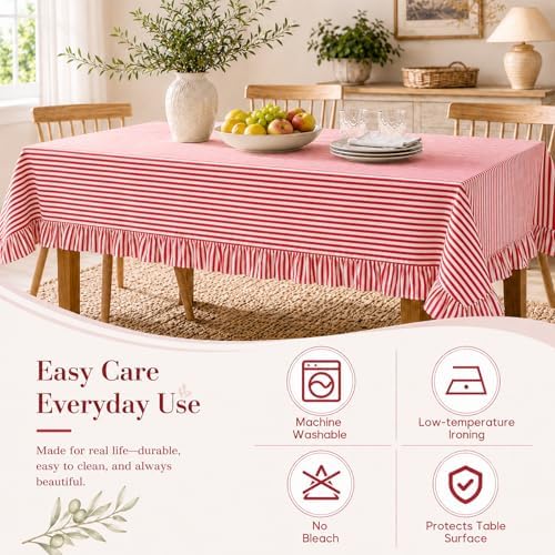 Red White Striped Ruffled Tablecloth Rectangle 55" x 70" Farmhouse Washed Cotton Table Cloth with Short Ruffle Cottage Table Cover for Boho Dining Room Kitchen Picnic Home Party Decoration - Image 5