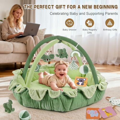 5-in-1 Baby Activity Gym & Play Mat with 6 Hanging Toys, Tummy Time Mat & Cards - Extra Large, Reversible Machine Washable Pad - Gift for Newborns, Infants 0-12 Months, Green - Image 7
