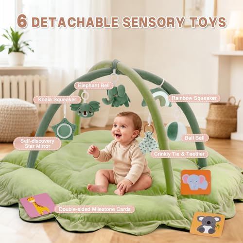 5-in-1 Baby Activity Gym & Play Mat with 6 Hanging Toys, Tummy Time Mat & Cards - Extra Large, Reversible Machine Washable Pad - Gift for Newborns, Infants 0-12 Months, Green - Image 3