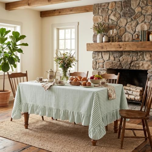 Eternal Beauty Striped Ruffled Tablecloth 60x120 Inch Green White - Image 3