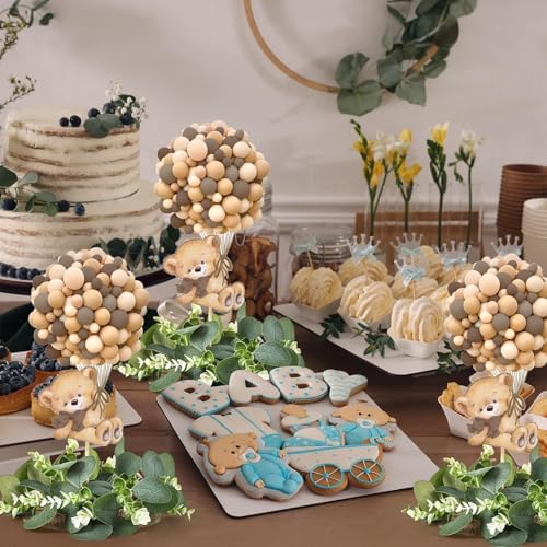 6 Set Baby Shower Bear Table Centerpieces Decortion Brown Bear with Eucalyptus Wreath Wood Slices Welcome Baby Table Toppers for Gender Reveal Boy Or Girl Party Favor - Image 4