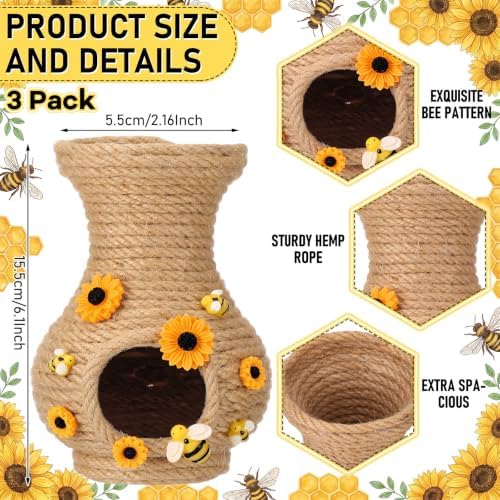Novabright 3 Set 6 Inch Bee Hive Vase with Artificial Flowers Jute Rope - Image 2