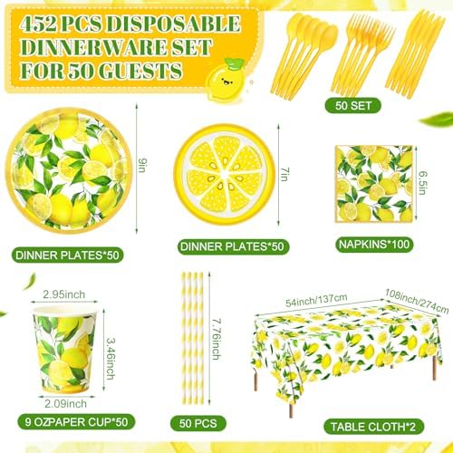 Funnymoom 452 Pcs Lemon Party Decorations, Yellow Lemons Paper Plates Napkins Cups Tablecloth Cutlery Straws for Summer Fruit Theme Birthday Wedding Baby Shower Party Supplies, Serves 50 - Image 2
