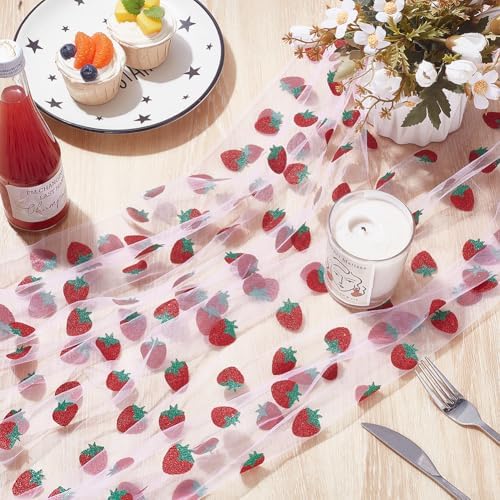 12 Pcs 29x70 Inch Strawberry Shiny Glitter Tulle Table Runner, Blush Pink Lace Strawberry Tablecloth for Cake Birthday Party Wedding Baby Shower Christmas Decorations - Image 4