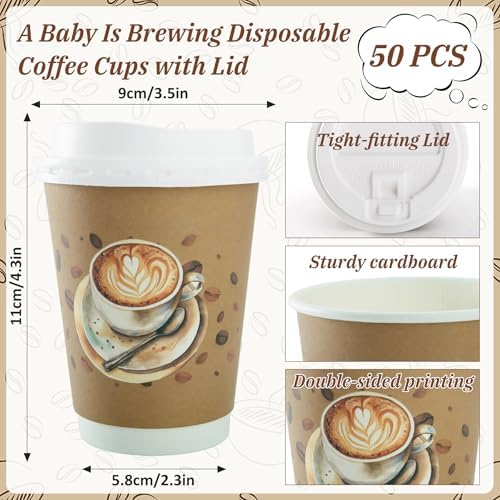 50 Set Baby Is Brewing Coffee Cups with Lids - Baby Is Brewing Shower Decor, 14 oz Disposable Cups Bulk Coffee Themed Party Supplies for Guests Gender Reveal Party Decorations - Image 2