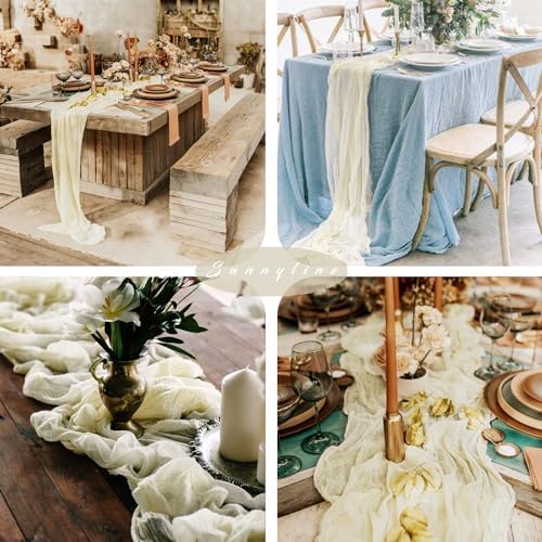 12 Pcs Beige Cheesecloth Table Runner 10FT Runner for Tables Boho Gauze Fabric Table Runner Decoration Rustic Sheer Runner for Wedding Bridal Shower Birthday Party Table Decor (35 x 120 Inches Long) - Image 6
