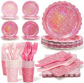Pink Iridescent Party Tableware for 40 Guests, Holographic Paper Plates by Unknown