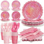 Pink Iridescent Party Tableware for 40 Guests, Holographic Paper Plates by Unknown