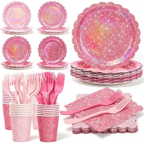 Pink Iridescent Party Tableware for 40 Guests, Holographic Paper Plates by Unknown