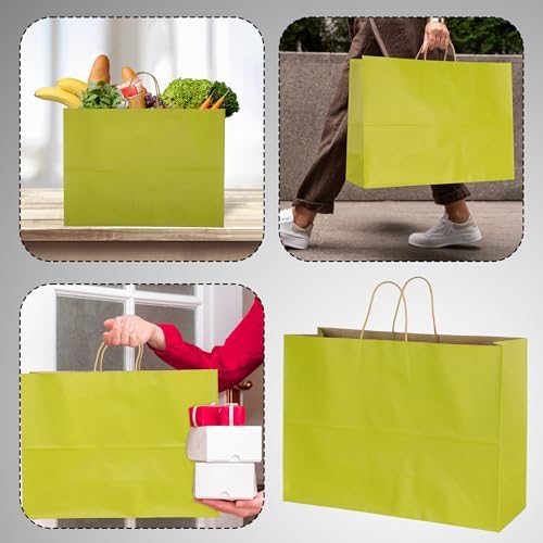 BLEWINDZ 70Pcs Large Paper Bags with Handles, 16x6x12 Inches Avocado Green Paper Shopping Bags for Small Business, Large Kraft Gift Bag Bulk for Grocery Mechandise Retail - Image 3