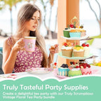 Layhit 83 Pcs Disposable Tea Party Set with 3 Tier Cake Stand Vintage Floral Paper Cups Plates Napkins Cutlery for Women Girls Birthday Baby Shower Bridal Shower Tea(Vivid) - Image 5