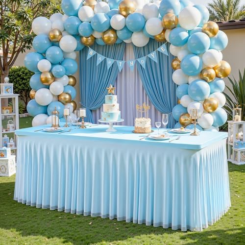 PARTISKY Blue Tablecloths 4 Foot Rectangle Tables, Spandex Fitted Tablecloth Stretch Table Cover with Tulle Skirt for Baby Shower Birthday Party Wedding Banquet Dessert Table Decorations by Partisky