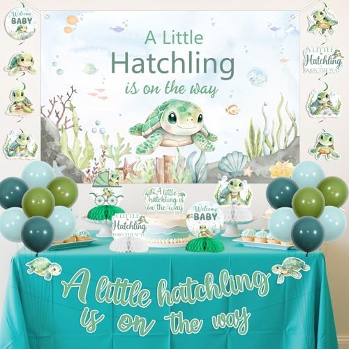 Jollyboom Sea Turtle Baby Shower Decorations, a Little Hatchling Is On The Way Backdrop Banner Cake Topper Sash Balloons Hanging Swirls Ceiling Streamers Table Honeycomb Centerpieces - Image 2