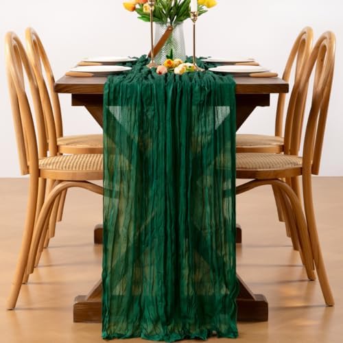 Emerald Green Cheesecloth Table Runner Boho Wrinkled Gauze Table Runners - Image 4
