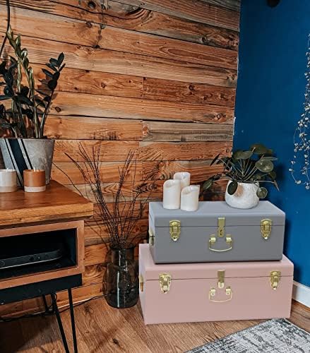 Vixdonos Decorative Metal Box Storage Trunks Set of 2 College Dorm Chest with Lock Hole,23.7X14.2X9.5 Inches(Grey and Pink) - Image 5