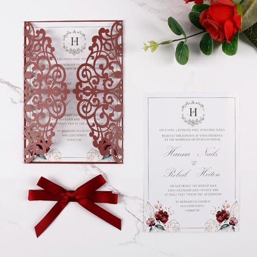 50pcs Blank Burgundy Wedding Invitation Cards Pocket with Envelope - Image 3