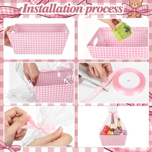 FoldTier 10 Pack Pink White Gingham Baskets for Gifts Empty 10" x 12" Thick Kraft Gift Basket with 10 Bows 10 Bags Empty Paper Baskets for Baby & Bridal Shower Wedding Birthday Party Wrapping - Image 5