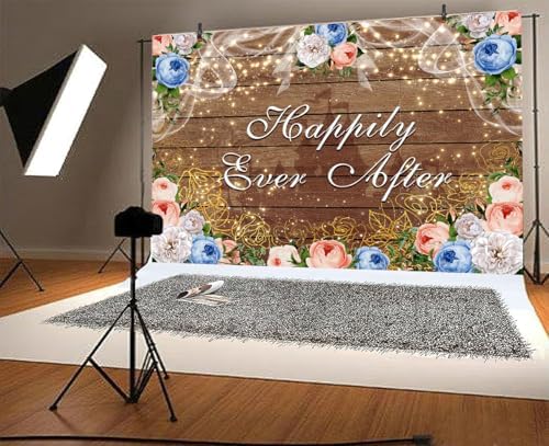 8 x 6 ft Happily Ever After Backdrop Castle Princess Boho Wood Floral Wedding Party Background White Blue Golden Rose Bridal Shower Retirement Party Decorations Banner Photo Props - Image 2