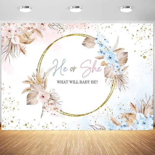 12x8ft Boho Gender Reveal Backdrop Boy or Girl Boho Flowers Gold Spots Photography Background He or She Reveal Party Cake Table Banner Decorations Supplies Photo Studio Props by Tranhiafe