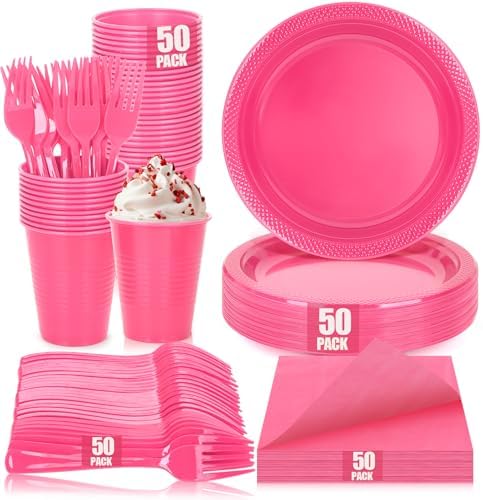 200pcs Hot Pink Plastic Party Plates Set, Disposable Pink Plates and Napkins for Party, 50 of Each 9" Dinner Plate, Napkins, Cups & Cutlery Plastic Party Supplies for Birthday, Baby Shower, Wedding by UseOnceDoneRight