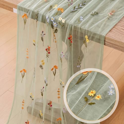Boao 3 Pcs Wildflower Table Runner Embroidery Tulle Spring Summer Table Runner 120 Inch 10 ft Kitchen Dining Decoration for Wedding Baby Shower Bridal Shower Home Decor Birthday Party (Sage Green) - Image 3
