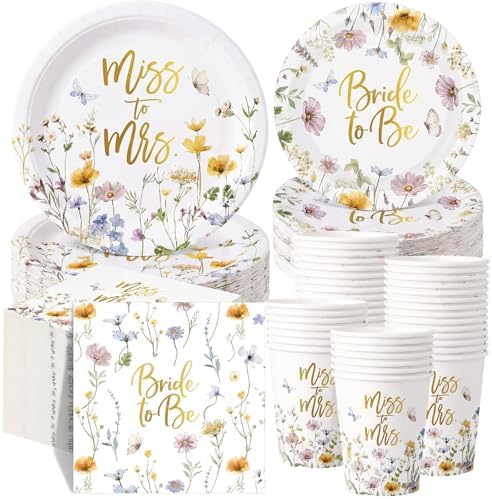 Pickmesh 250 Pcs Wildflower Bridal Shower Decorations Floral Miss to Mrs Plates and Napkins Sets Bride to Be Disposable Paper Tableware Set for Wedding, Engagement, Bachelorette Party, Serves 50 by Pickmesh