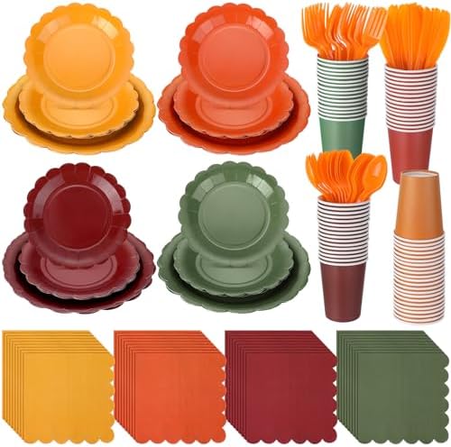 Yaomiao 168 Pcs Fall Party Supplies Autumn Dinnerware Plates Cups Napkin by Yaomiao