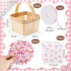 Teecyhooo 30sets Pink Gingham Wooden Gift Baskets with Handles Bow Stickers - Image 2