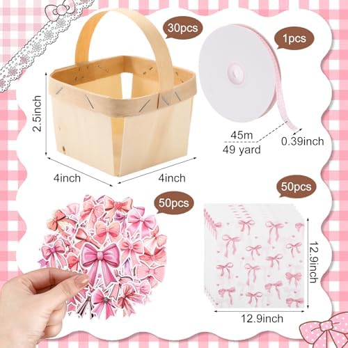 Teecyhooo 30sets Pink Gingham Wooden Gift Baskets with Handles Bow Stickers - Image 2