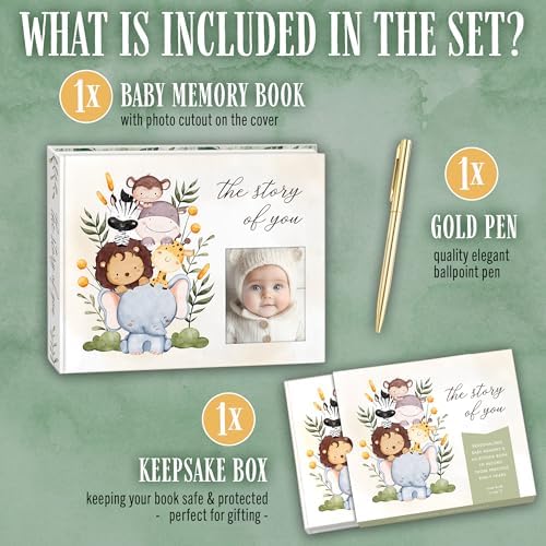 Baby Memory Book – “The Story of You” Keepsake Journal with Photo Slot, Zoo Animal Design, Gold Pen, Lay Flat Binding, Gift Box – 110 Full-Color Pages, 9x11.5 Inches - Image 4