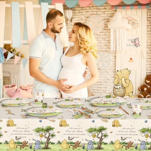 300Pcs Winnie Baby Shower Plates Set, Disposal Paper Plates and Napkins Cups Forks, Classic Quotes Winnie Party Supplies Decorations for 50 Guests - Image 4
