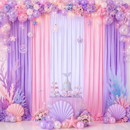 Mermaid Backdrop Curtain 15ftx10ft - White Pink Lavender Satin Drapes by SoarDream